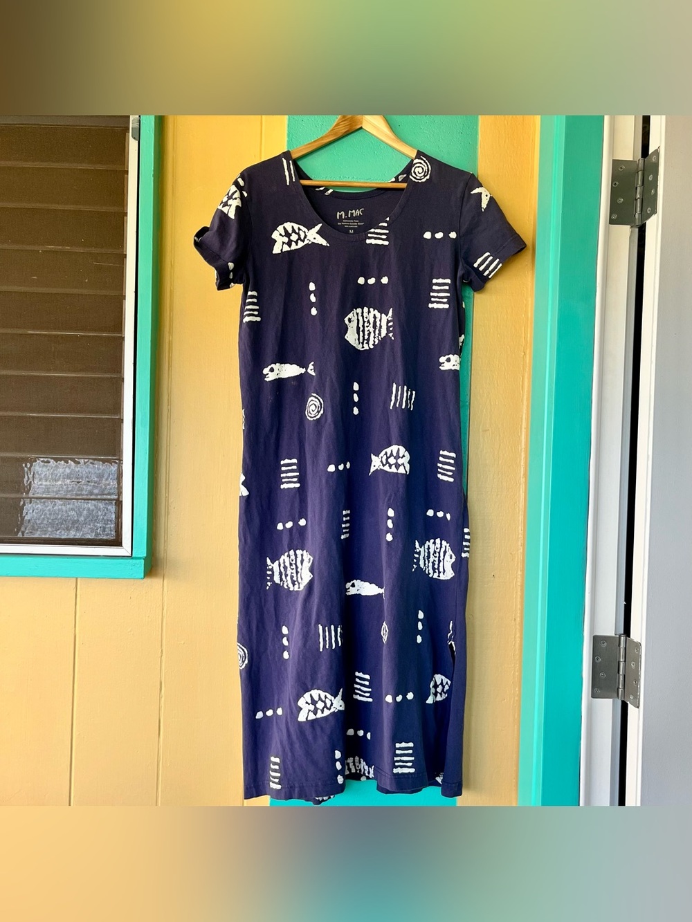 M. Mac Navy White Fish Cotton T-Shirt Maxi Dress Beachy Coastal | Size M